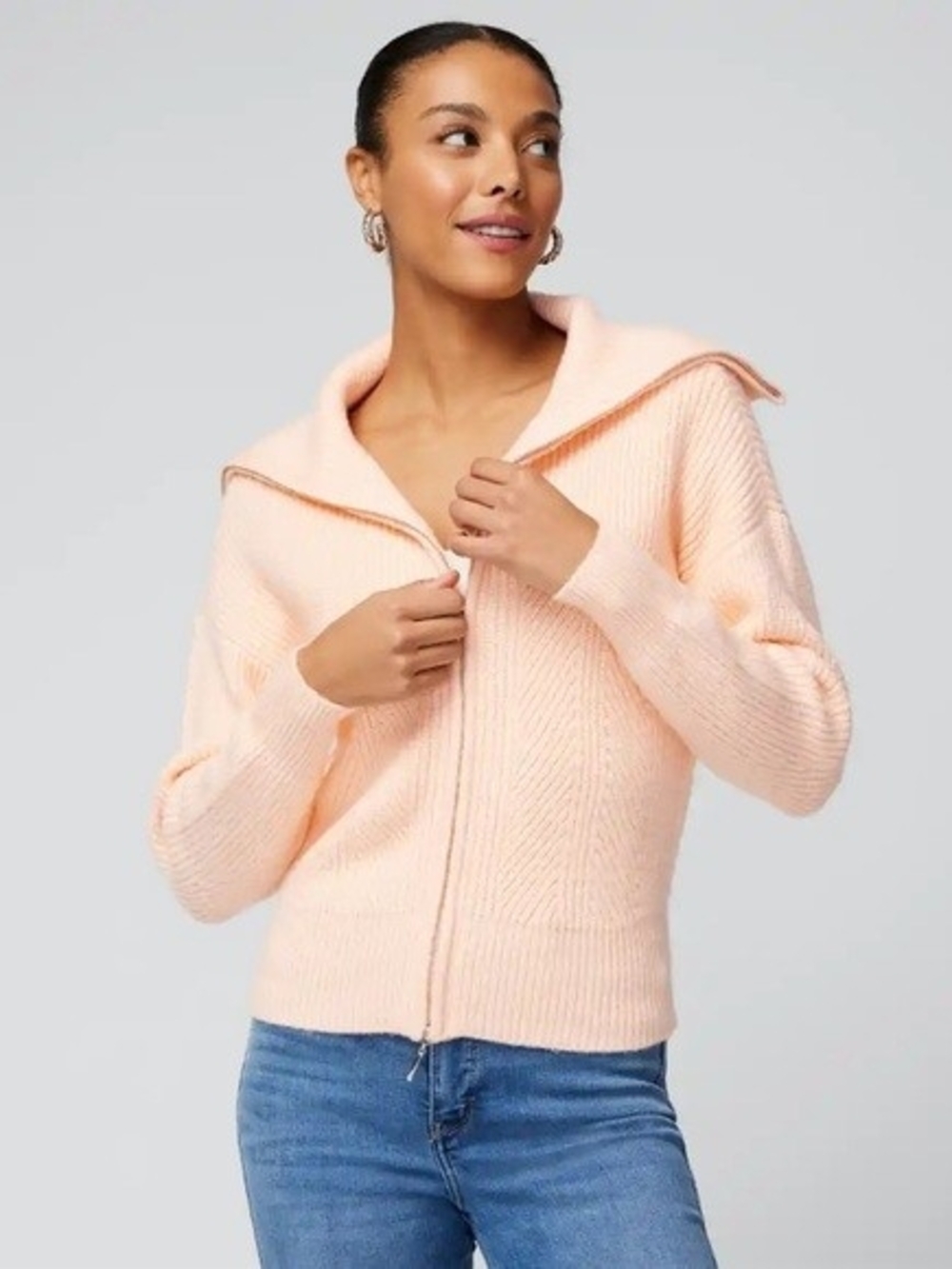 White House Black Market Zip Up Sweater Small NWT Peach Knit Collared Jacket